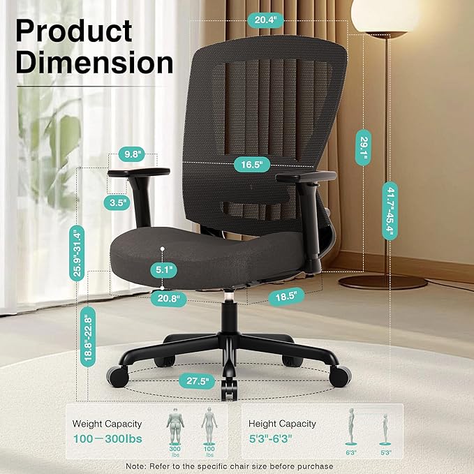 ELABEST T96C Ergonomic Home Office Chair, Mesh Computer Desk Chair with 4D Armrests, Adjustable Lumbar Support,Rolling Swivel Task Chair for Long Hours, Sponge Cushion
