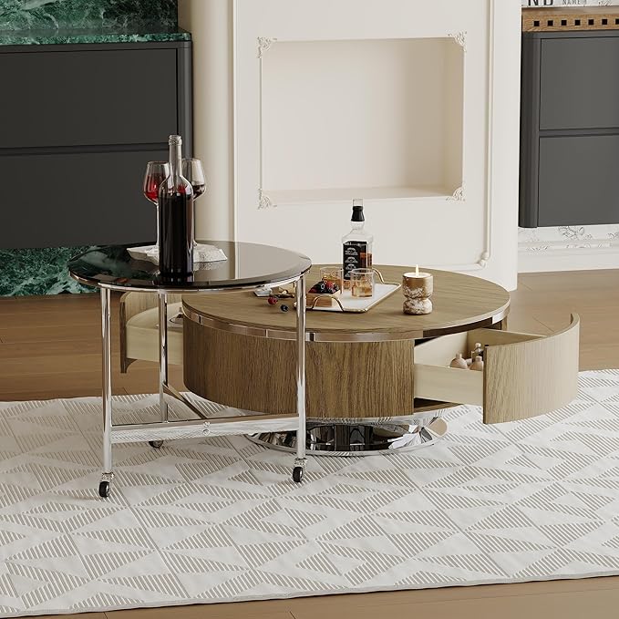 31.5 Inch Round Walnut Coffee Table with Hidden Storage Drawers and Silver Polished Stainless Steel Base, Modern Coffee Table Set with Rolling Side Table for Living Room