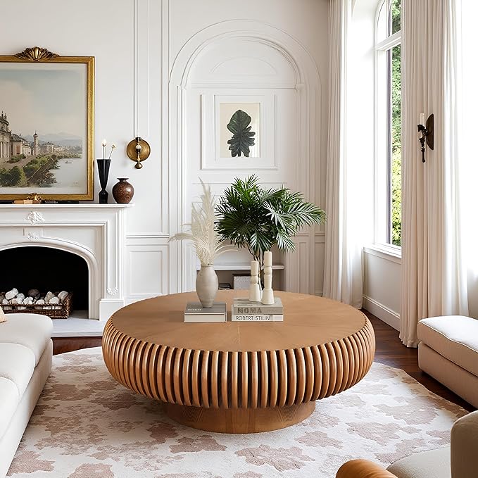 Fluted Round Coffee Table for Living Room 39.37" Modern Drum Coffee Table Mid Century Handcrafted Circle Wood Center Tables with Pedestal for Small Space Apartment (Brown)