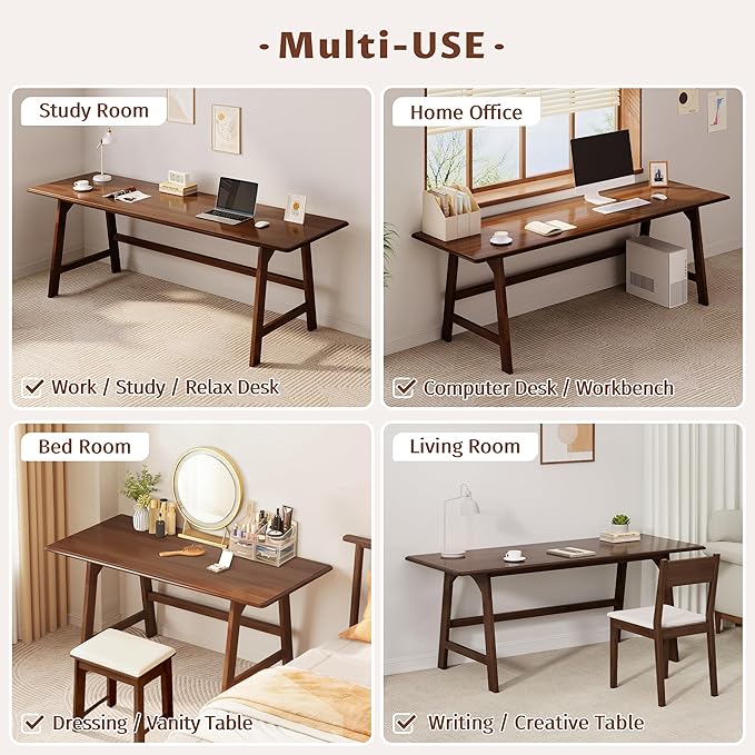 IOTXY Solid Wood Writing Table - 72" W x 24" D Minimalist Long Computer Desk for Home Office, Work, Study, Creativity, and PC Workstation, Walnut