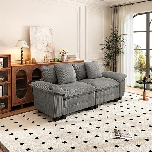 PHI VILLA Cloud Modular Couches Sets, 87.5" Sectional Loveseat Sofa with Upholstered Deep Seat, 2-Seater Comfy Couches for Living Room Bedroom, Corduroy Fabric, Grey