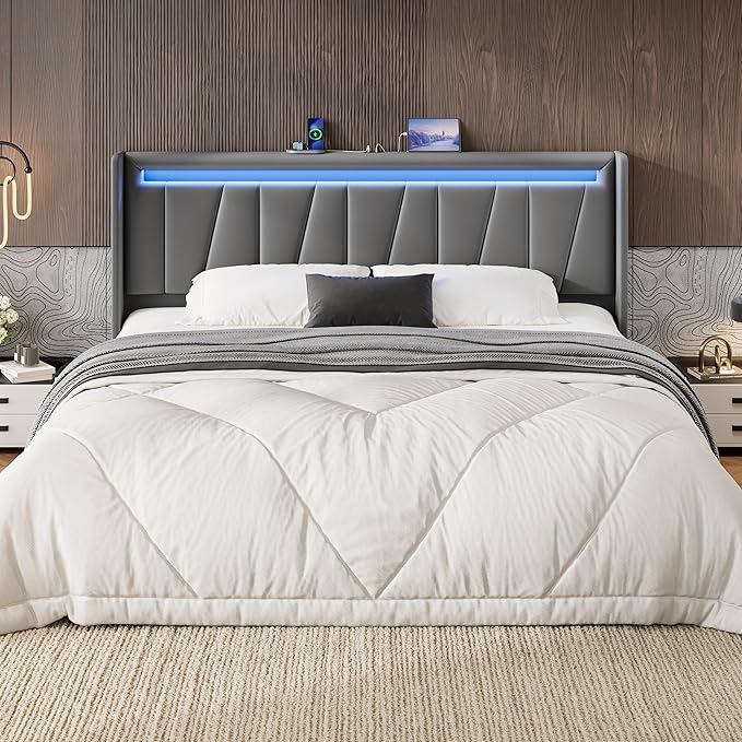 SHA CERLIN King Size Bed Frame with Charging Station and LED Lights, Modern Velvet Platform Bed with Upholstered Geometric Wingback Headboard, No Box Spring Needed, Easy Assembly, Grey