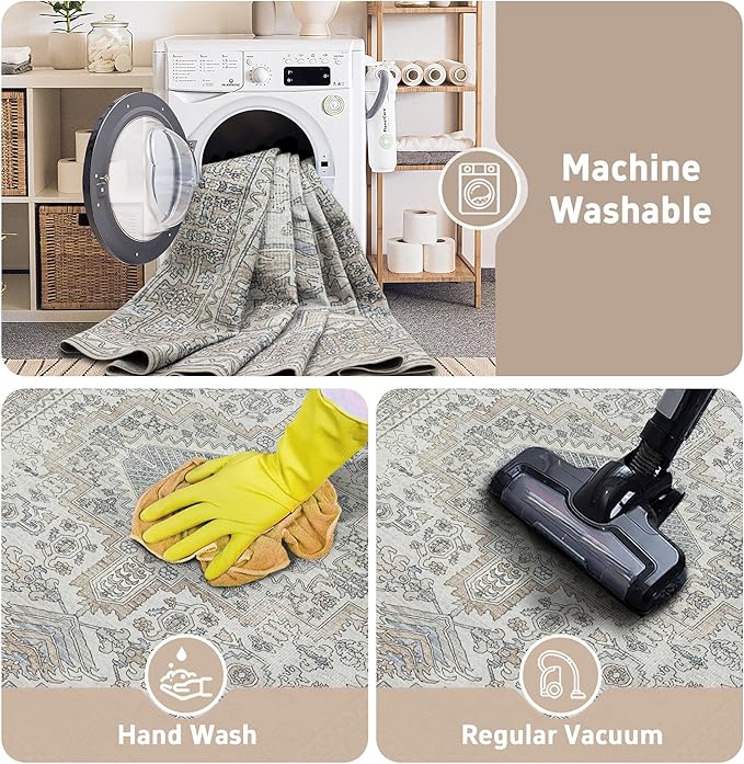 Machine Washable Rugs 6x9 Area Rugs for Living Room,Ultra Soft Low Pile Retro Rugs for Bedroom,Dining Room,Large Non Slip Carpet Vintage Distressed Accent Rug for Farmhouse Office Home Decor