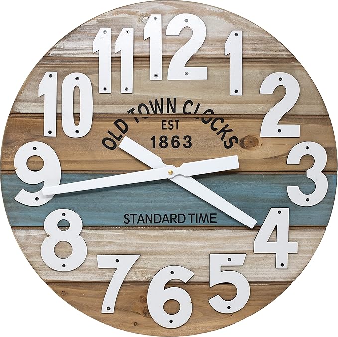 30" Wooden Multi-Color Maritime Coastal Beach Large Number Wall Clock (Blue, 30 inch)