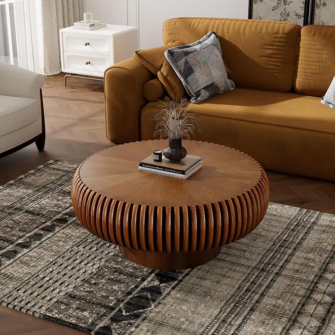 Round Fluted Coffee Table Modern Handcraft Drum Coffee Table with Sturdy Pedestal 31.5" Farmhouse Center Table Tea Table for Living Room, Reception Room, Entertainment Room (Walnut 31.5 inch)