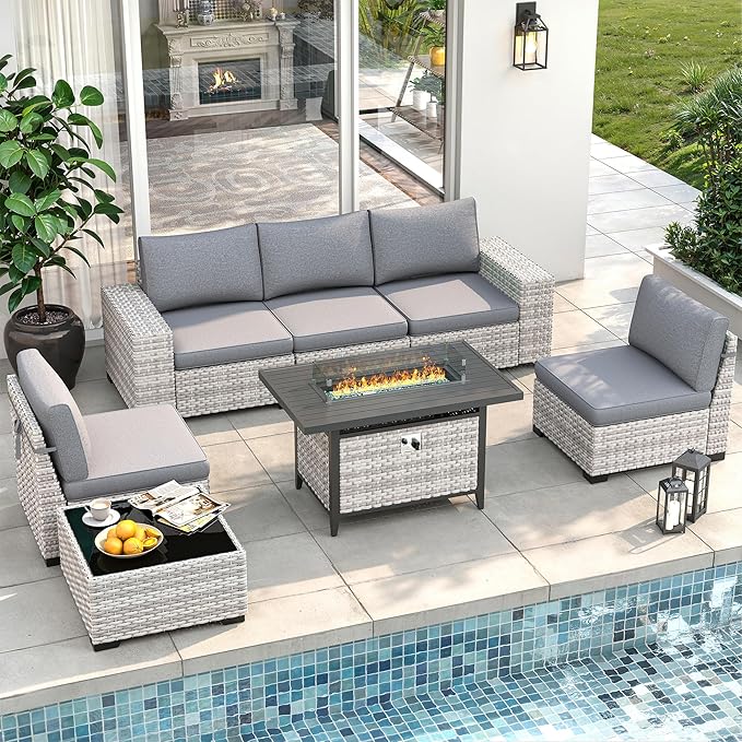 7 Piece Outdoor Wicker Rattan Sectional Sofa Set with Fire Pit Table, 5-Seats Conversation Set with 4" Thickened Cushions & Coffee Table, All-Weather PE Rattan for Garden, Backyard, Porch, Grey