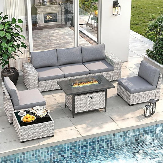 7 Piece Outdoor Wicker Rattan Sectional Sofa Set with Fire Pit Table, 5-Seats Conversation Set with 4" Thickened Cushions & Coffee Table, All-Weather PE Rattan for Garden, Backyard, Porch, Grey