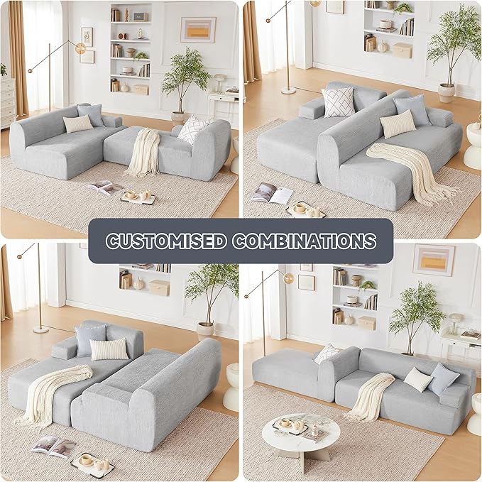 107” Modular Sectional Sofa, Boneless Couch Modern Sofa for Living Room, High Density Sponges Cloud Couch Sectional, L-Shape Couches for Living Room, LightGrey