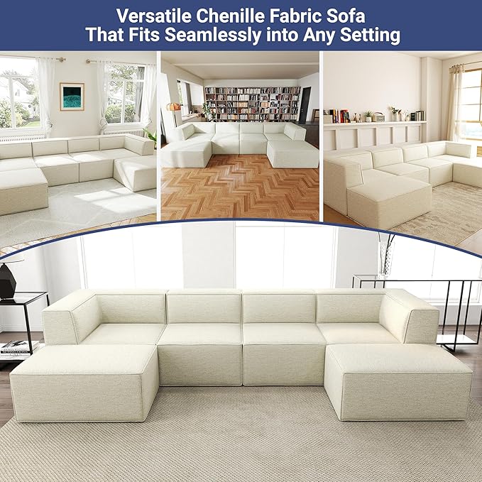136" 6-Piece Sectional Sofa Modular Couches,L-U-Shaped with Chaise,for Living Room,Compressed Foam No Assembly,for Living Room (2xArmless Corner Ottoman) Fabric Chenille Beige