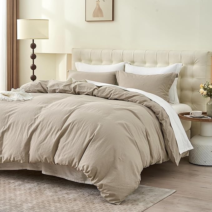 Simple&Opulence French Linen Duvet Cover Set 78" x 86"- 3 Pieces (1 Comforter Cover,2 Pillowcases)- Natural Flax Cotton Blend-Solid Color Breathable Farmhouse Bedding- Khaki, Full