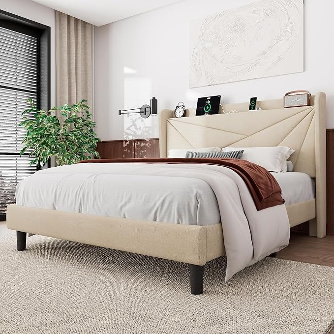 Feonase Full Size Bed Frame with Charging Station, Upholstered Linen Bedframe with Wingback Headboard, Solid Wood Slats Support, Noise Free, No Box Spring Needed, Beige