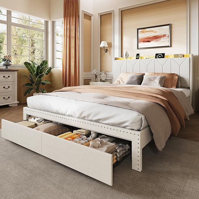 WLIVE Queen Size Upholstered Bed Frame with 2 Drawers, Linen Tufted Storage Headboard with Charging Ports and LED Light, Sturdy Metal & Wooden Slats Support, No Box Spring Needed, Beige