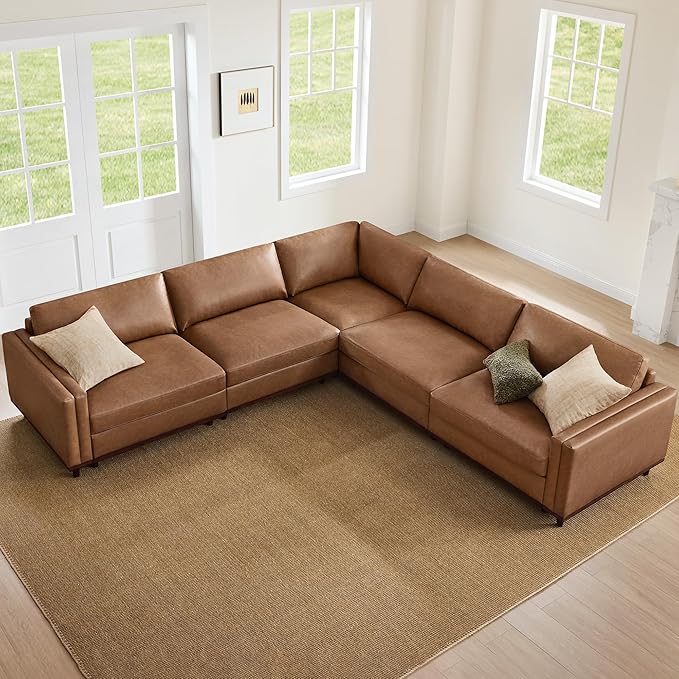 CHITA 114" Super Large Luxury V Shape Corner Sectional Modular Sofa, Down Filled Modern Sofa, Deep Seat Comfty Cloud Couch, 5 Seat Couch with Chaise, Solid Wood Leg, Faux Leather in Camel