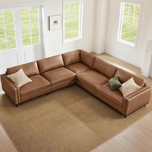 CHITA 114" Super Large Luxury V Shape Corner Sectional Modular Sofa, Down Filled Modern Sofa, Deep Seat Comfty Cloud Couch, 5 Seat Couch with Chaise, Solid Wood Leg, Faux Leather in Camel