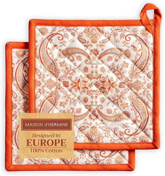 Maison d' Hermine Pot Holders Set 100% Cotton Heat Resistant Potholders 8" x 8" Hot Pads with Loop for Thanksgiving Christmas Decorations BBQ Cooking Baking Handling Hot Pans (Pack of 2, Cachemire)