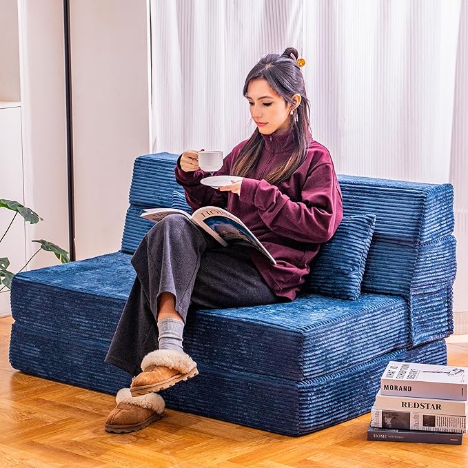 Folding Sofa Bed, Convertible Sleeper Chair with Pillow, High Density Memory Foam Fold Out Couch, Foldable Mattress Futon Sofa for Living Room/Dorm/Guest Use/Apartment/Home Office