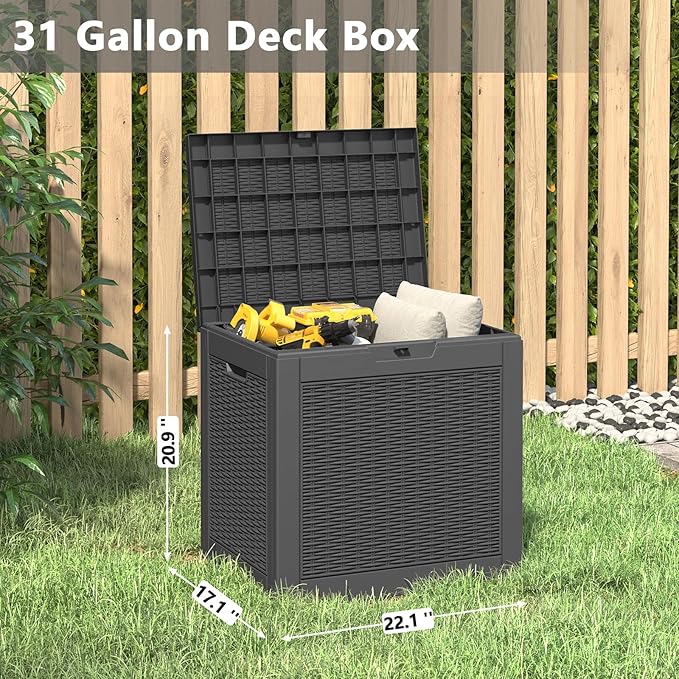 Deck Box, 31 Gallon Resin Outdoor Storage Box, Waterproof and UV Resistant Lightweight Storage Deck Box for Garden Tools, Supplies