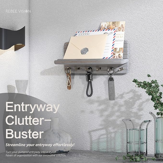 Rebee Vision Pine Wood Key Holder Wall Mount for Room Decor Aesthetic – Wooden Key Holder for Wall with 6 Hooks & Floating Shelf - Farmhouse Home Organization Accent (Distressed Gray)