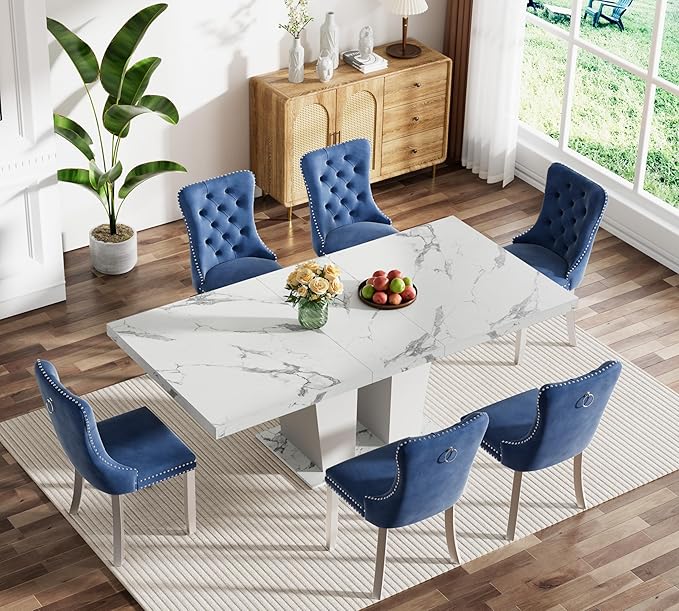 Goujxcy 7-Piece Extendable Dining Table Set for 6-8 People 63-78 Inch Kitchen Table Set with 6 Blue Upholstered Chairs Modern White Faux Marble Rectangular Dining Room Table Set for Kitchen Apartment