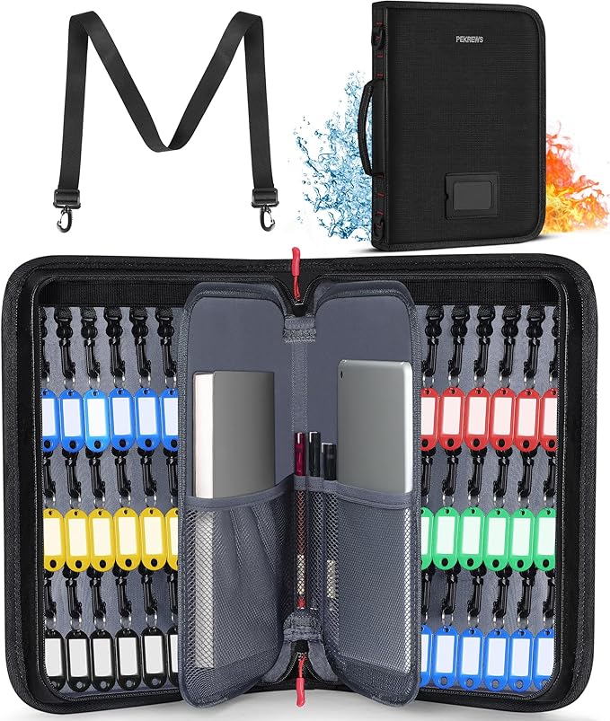 Key Organizer Case, Fireproof & Waterproof Key Bag with 54 Key Tags, Portable Zippered Key Storage Box for Estate Sales, Hotels, Office, Property Management, Handle & Shoulder Strap Included