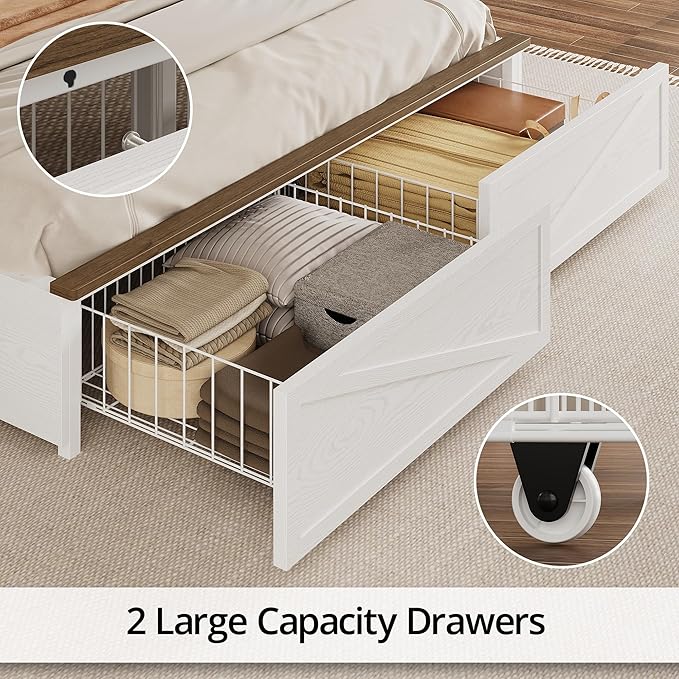 IRONCK Farmhouse Queen Size Bed Frame with LED Light and Charging Station, Wood Bed Frame with Storage Headboard and 2 Drawers， Barn Door Design, Sturdy and Noiseless, White