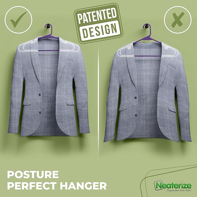 NEATERIZE Clothes Hangers Plastic 100 Pack for Adults - Plastic Hangers, Perfect Coat Hanger and Space Saving Clothes Hangers for Closet, Percheros Ganchos para Colgar Ropa Hangars - Purple Hangers