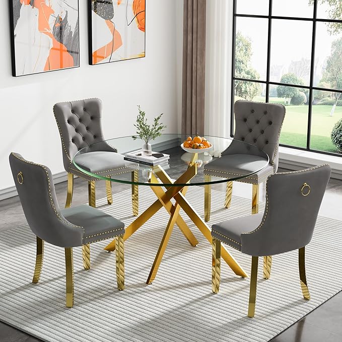 Goujxcy Round Dining Table Set for 4, Modern Glass Kitchen Table and Chairs Set of 4, 5-Piece Dining Room Table Set w/47 Circle Gold Glass Dining Table and 4 Upholstered Velvet Chairs