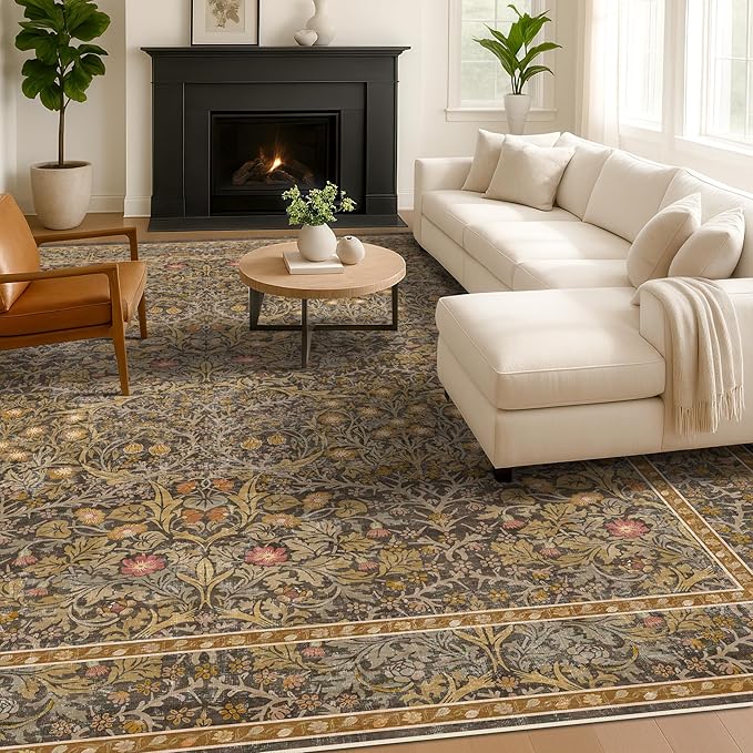 Vintage Floral Living Room Rug 8x10, Gold Brown Washable Area Rugs for Bedroom, Dining Room Under Kitchen Table, Oriental Low Pile Non-Slip Large Indoor Carpet with Taupe Yellow Earthy Tones