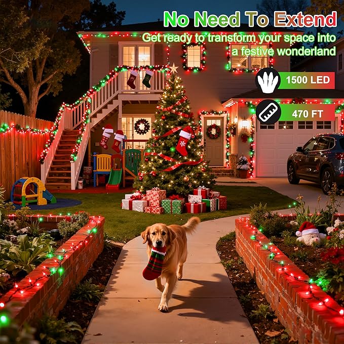 1500LED Christmas Lights Outdoor Use, 470ft 12 Modes Red and Green LED String Lights with Timer Dimmable, Waterproof Christmas Tree Lights for Xmas Patio Yard Fence Balcony Garden Party Decor