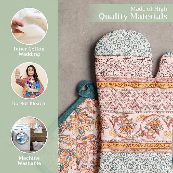 Maison d' Hermine 100% Cotton Oven Mitt & Pot Holder Set (7.5"x13" & 8"x8") Heat Resistant BBQ Cooking Gloves with Loop for Thanksgiving Christmas Decorations Handling Hot Pans (Nila)