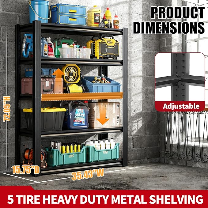 72" H Garage Shelving, Metal Storage Shelves, Adjustable 5 Tier Storage Rack, Heavy Duty Shelving, Industrial Utility Shelf for Garage, Warehouse, Bedroom, Kitchen,16" D×36" W×72" H, Black