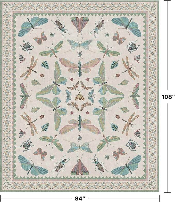 7x9 Green Butterfly Rugs for Kids Bedroom - Washable Insect Area Rug for Living Room, Dining Room Under Table, Boho Girls Room Décor, Low Pile Stain Resistant Carpet