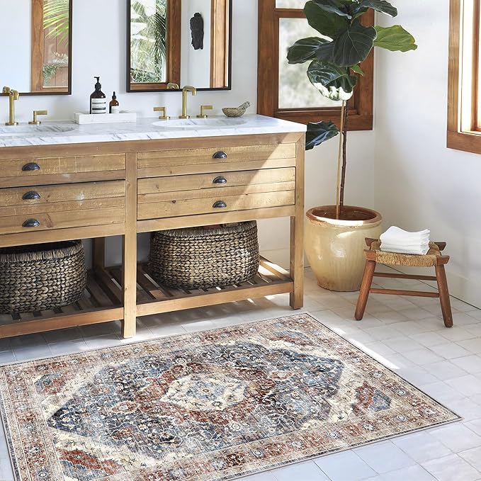 Deerly 3x5 Area Rug with Non-Slip Backing, Washable Rugs for Bedroom Living Room Kitchen, Distressed Carpet Printed Low-Pile Soft Dorm Rug Room Decor(Border Brown/Navy Blue)