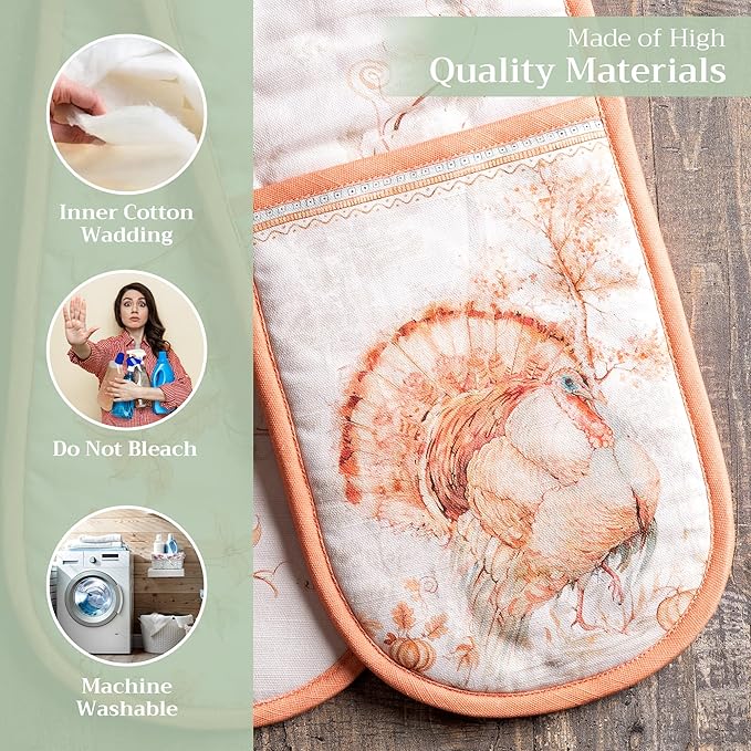 Maison d' Hermine Double Oven Mitt (7" x 35") 100% Cotton Heat Resistant BBQ Cooking Gloves with Loop for Thanksgiving Christmas Decorations Baking Cooking Barbeque Handling Hot Pan (Giving Thanks)