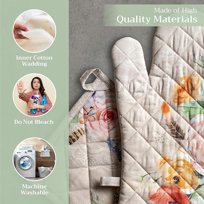 Maison d' Hermine 100% Cotton Oven Mitt & Pot Holder Set (7.5"x13" & 8"x8") Heat Resistant BBQ Cooking Gloves with Loop, Baking, Grilling, Kitchen, Handling Hot Pans Spring/Summer (Ibiza - Beige)