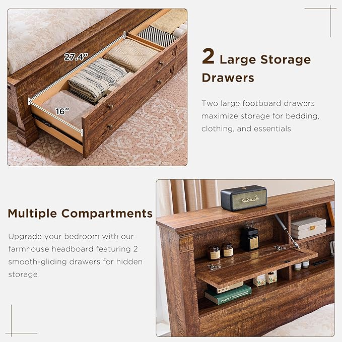 Farmhouse Queen Size Bed Frame with 54" Tall Headboard, Headboard with 4 Storage Rack, 2 Drawers, Wood Platform Bed Frame,18" Roman Column Decoration Footboard,No Box Spring Needed(Reclaimed Barnwood)