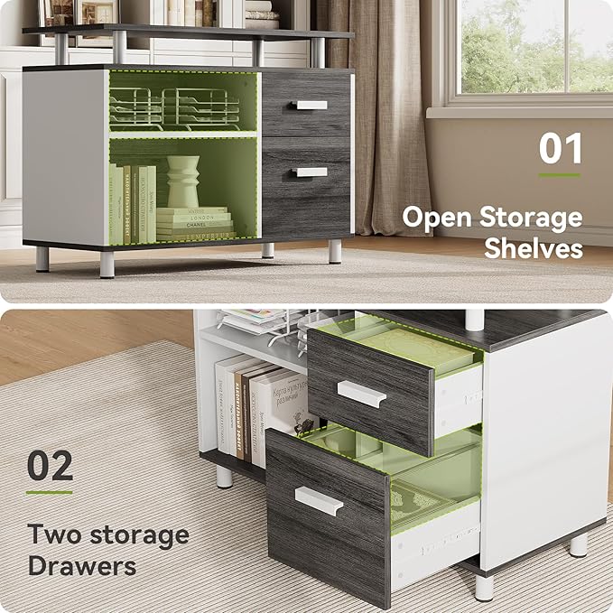 LITTLE TREE Large Computer Desk with File Cabinet, 63-Inch Executive Desk L Shaped Office Desk with Drawers and Storage Shelves, Business Furniture Desk Workstation for Home Office (Grey + White)