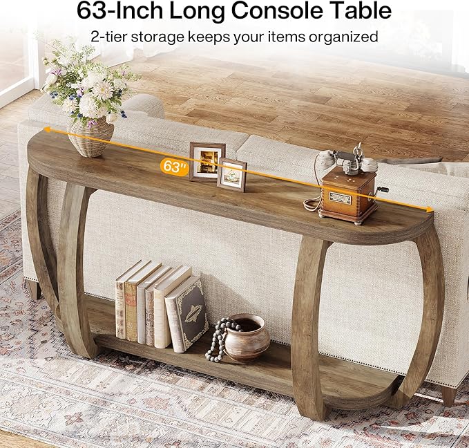 Tribesigns Farmhouse Wooden Console Table with Open Shelf, 63-Inch Long Sofa Entryway Table with Curved Legs for Living Room, Hallway, Entrance