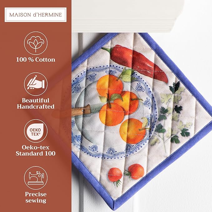 Maison d' Hermine Pot Holders Set 100% Cotton Heat Resistant Potholders 8" x 8" Hot Pads with Loop BBQ, Cooking, Baking, Grilling, Kitchen, Handling Hot Pans Spring/Summer (Pack of 2, Gourmand)