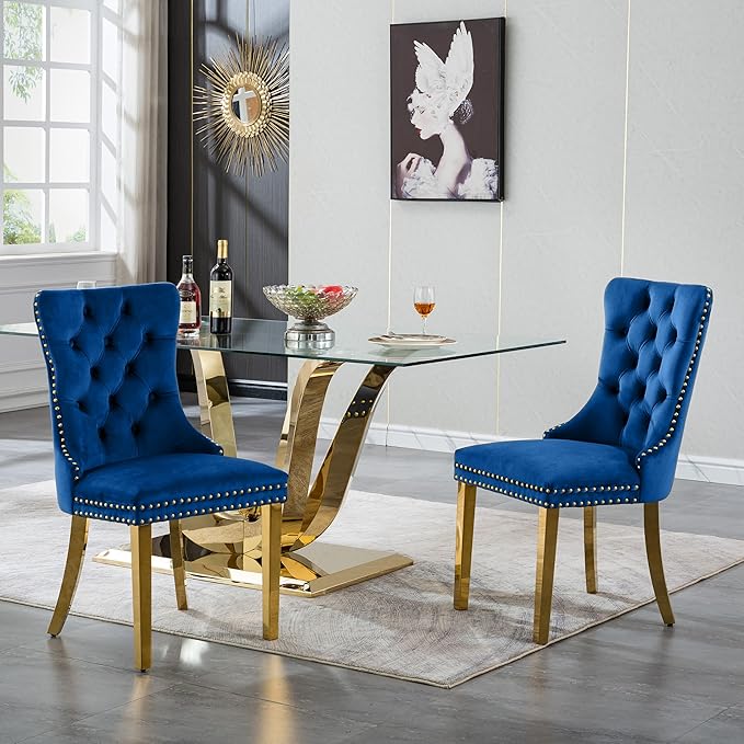 70" Modern Gold Glass Dining Table Set for 4, 5-Piece Rectangle Kitchen Dining Room Table Set with Steel Base & 4 Blue Velvet Upholstered Chairs, Modern Glass Kitchen Table and Chairs Set of 4
