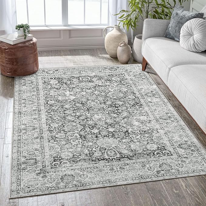 Area Rugs 5x7 - Grey Area Rug for Living Room, Bedroom & Dining Room - Soft Faux Wool, Low-Pile Distressed Carpet Print Floor Covering