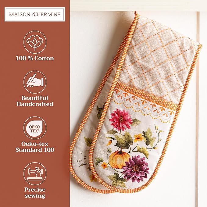 Maison d' Hermine Double Oven Mitt (7" x 35") 100% Cotton Heat Resistant BBQ Cooking Gloves with Loop for Thanksgiving Christmas Decorations Cooking Handling Hot Pan (Pumpkin Garden - Cloudy Cream)
