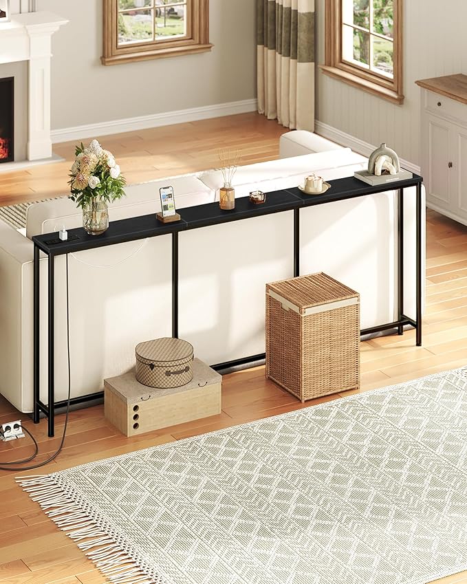 78.7" Narrow Console Table with Power Outlet 7.1" Skinny Sofa Long Behind Couch Table with Charging Station for Hallway, Living Room Black TXG20UBB