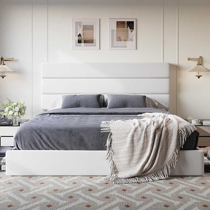 SHA CERLIN King Size Platform Bed Frame with 4 Storage Drawers, Velvet Upholstered Headboard, Mattress Foundation with Wooden Slats Support, No Box Spring Needed, Easy Assembly, White