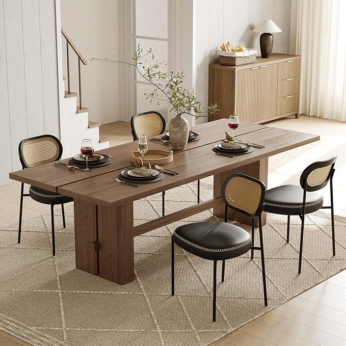 Rattan Dining Chairs Set of 4, Leather Upholstered Dining Chairs with Rattan Cane Back, Mid Century Modern Dining Room Chairs with Black Metal Legs & D-Shaped Thicken Cushion, Black