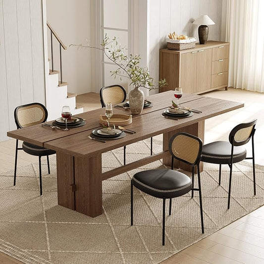 Rattan Dining Chairs Set of 4, Leather Upholstered Dining Chairs with Rattan Cane Back, Mid Century Modern Dining Room Chairs with Black Metal Legs & D-Shaped Thicken Cushion, Black