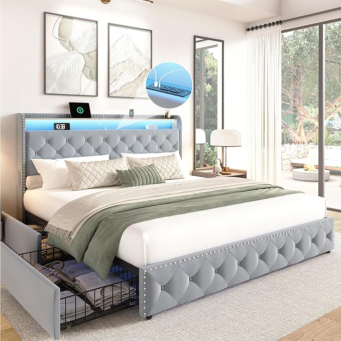 BRELTAM King Size Bed Frame with 4 Storaged Drawers,Upholstered Velvet Tufed Bed Frame with LED Light and Charging Station,Platform Bed Frame with Headboard Heavy Duty Wood Slats,Bluish Grey