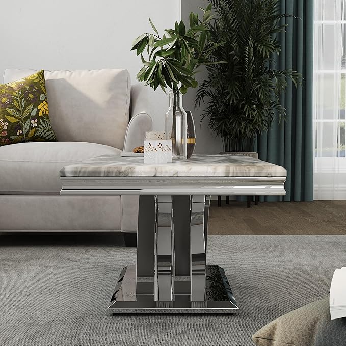 AUZ 2 Pieces Silver Living Room Table Set, Coffee Table and Console Table with X-Shape Design Polished Stainless Steel Frame