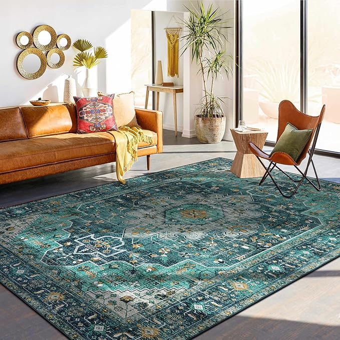 Moynesa Ultra-Thin Washable 10x14 Area Rugs for Living Room, Teal Large Living Room Rug Non Slip, Vintage Oriental Indoor Floor Carpet for Dining Room Table Dorm Home Office Decor