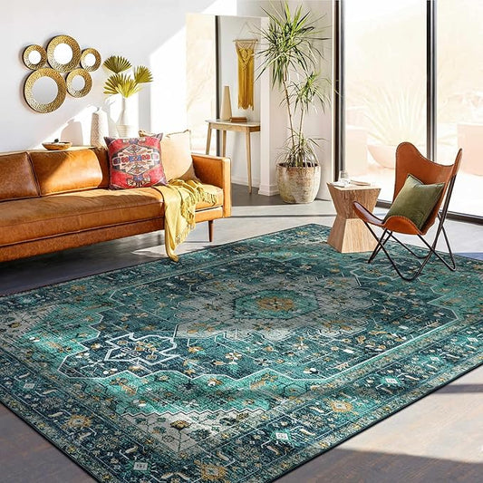 Moynesa Ultra-Thin Vintage Area Rug - 8x10 Teal Bedroom Rug for Living Room Non-Shedding Stain Resistant Playroom Mat, Indoor Printed Boho Floor Carpet for Dining Table Office Decor